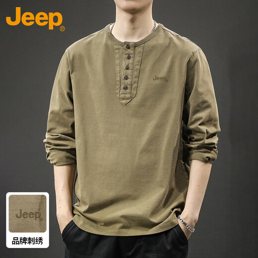 Jeep (JEEP) long-sleeved T-shirt men's spring and autumn trendy brand retro Henry collar cotton bottoming shirt top men's gray 2XL