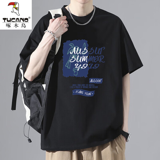 Woodpecker (Tucano) T-shirt à manches courtes pour hommes à manches courtes pour les hommes courts t-shirts lâches T-shirt 2025 Nouvelle tendance Top 10921-T142 Abricot Color 2xl (recommandé 150-170jin [Jin est égal à 0,5 kg]))