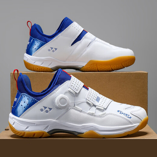 
New rotary button badminton shoes breathable couple lightweight table tennis sneakers men and women tennis training shoes white and blue 41 (255mm)