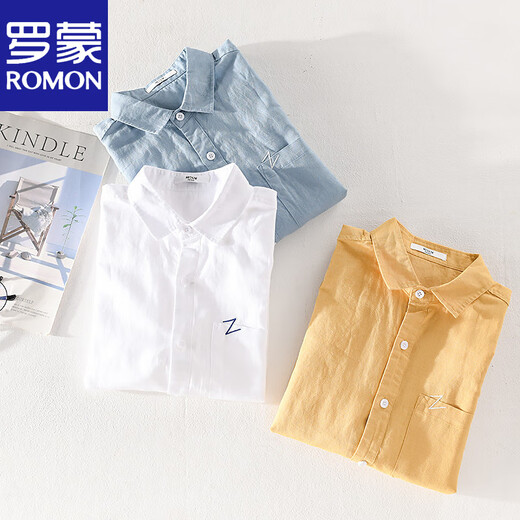 罗蒙（ROMON）男士亚麻短袖衬衫日系宽松薄款夏季青年纯色休闲棉麻料衬衣服 9711淡蓝 3XL 160斤左右