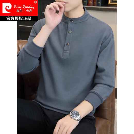 Pierre Cardin stand collar sweatshirt men's spring and autumn trendy Henry collar Polo shirt trendy brand casual men's pullover long-sleeved bottoming shirt WY2288 black style regular XL