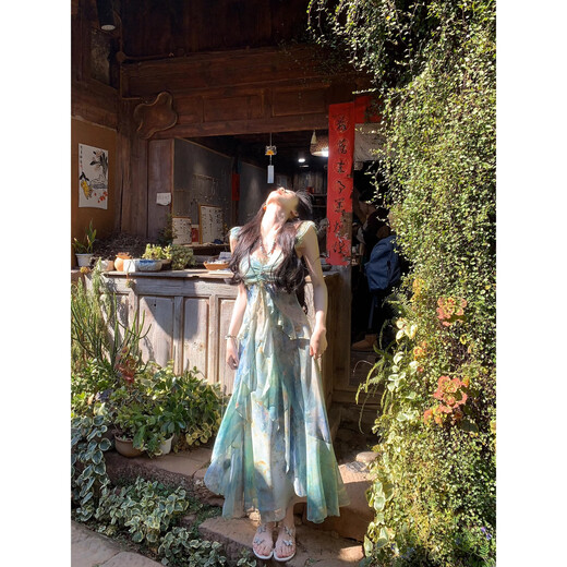South Wood Bear Kleid schwimmende Sommerschleudertemperamentschlinge für Frauen im Sommer 2025 NEUE NEUE DRINTED SLIM- und Taillen-Langrock-Schlinge [80-100jin [Jin gleich 0,5 kg]] mit Brustpolster