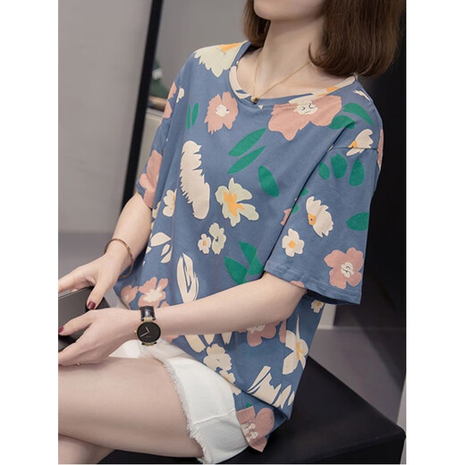 帛饰衣橱加大码遮肚子显瘦上衣女2025夏装新款胖mm休闲宽松短袖t恤女 绿色 6626 L 90-120斤左右