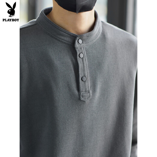 Playboy Stand Collar Sweatshirt Men's Spring and Autumn 2025 New Loose Henley Collar Heavy Long Sleeve Bottoming Shirt Pullover Jacket Cement Gray M