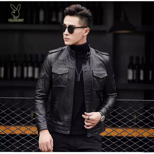 花花公子（PLAYBOY）2025秋冬新款真皮质感皮衣男机车短款修身韩版立领皮夹克休闲外套 黑色- 加绒 L 170码-115-125斤