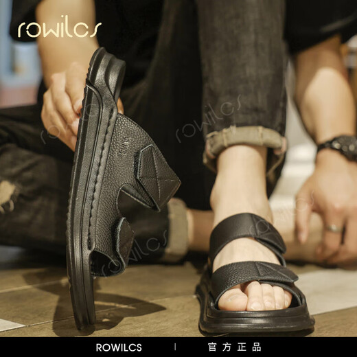 rowilcs品牌高档拖鞋男2025新款夏季户外穿耐磨高端男士沙滩鞋开车凉鞋男 黑色 38