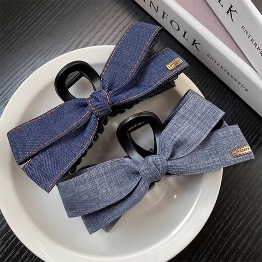 Hua Shike Korean Fashionable Denim Bow Clip Women's 2025 New Fashion High-end Hair Clip Shark Clip on the Back of the Head 1# Denim Blue-Bow Tie Clip
