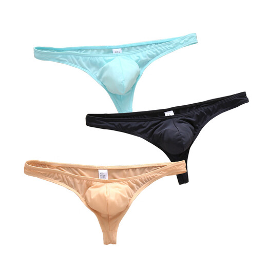 Ultra-thin ice silk sports fitness single thong men's one-piece transparent butt-exposing sexy low-waist breathable men's T-pants, navy blue M