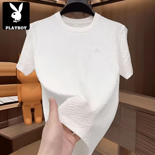 花花公子（PLAYBOY）2025新款夏季冰丝肌理感绣标圆领男士短袖时尚半袖百搭轻奢T恤男 【夏季短袖】6628黑色 M 80-105斤