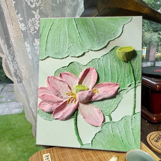 中国风荷花肌理画石英砂diy手工绘全套材料包中式装饰画数字油画 qx12625肌理画送全套材料包 30*40cm加厚实木内框