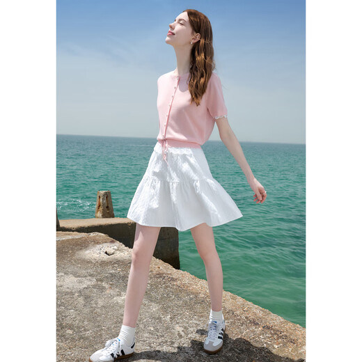百图betu女装2025夏季新款毛针织衫莱赛尔凉感蕾丝花边上衣女2505X23 粉红 M