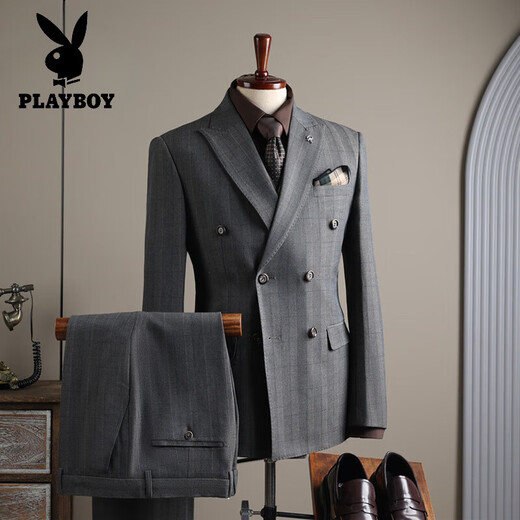 Playboy (PLAYBOY) light luxury high-end suit suit men's high-end British double-breasted plaid suit three-piece groom's wedding dress black (suit + pants + vest) 3XL 56
