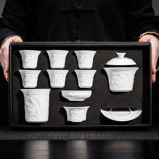 Original and white porcelain tea set gift box for home light luxury embossed tea cover bowl tea cup complete set holiday business gift