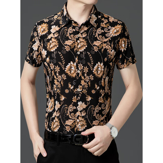 
Seven Wolfs (SW1960) summer print short-sleeved floral shirt men's handsome Chinese style dragon pattern ice silk inch shirt half-sleeved casual daddy suit yellow 9898 model M 170