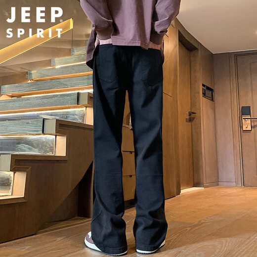 JEEP SPIRIT吉普牛仔裤男秋冬季美式阔腿弯刀裤子男直筒喇叭裤 黑色 3XL