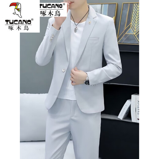 Woodpecker Korean style casual spring and autumn suit men's slim business formal two-piece suit young handsome British suit 1916 white (suit + pants) two-piece set M