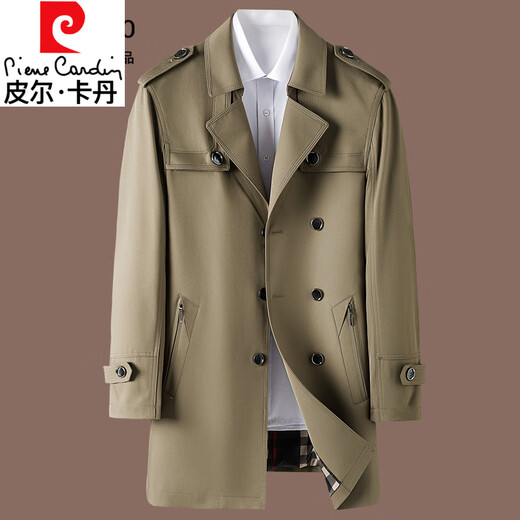 皮尔卡丹高档轻奢风衣外套男士春秋季中长款休闲春秋款商务休闲帅气男装潮 卡其色 2XL 185(适合145-160斤穿)