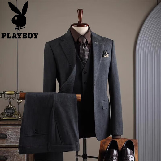 Playboy 2025 winter new suit suit men's high-end business formal striped suit three-piece groom's wedding dress elegant black three-piece suit 2XL 54