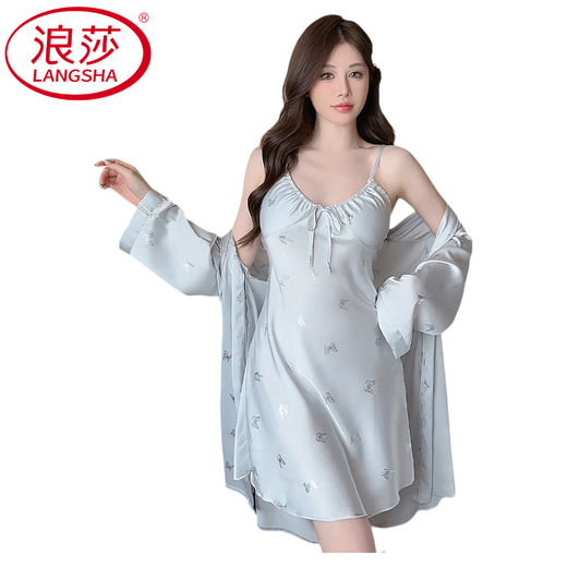 浪莎（LangSha）轻奢性感睡衣带胸垫禁欲系女纯欲睡裙新款秋冬款冰丝家居服女款 XS6227蓝色 M 【建议100斤内】