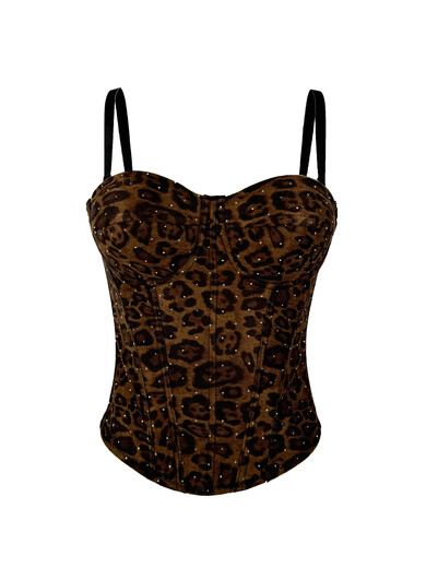 Shiyusen European and American golden brown leopard print suede short vest suspender can be worn outside and can be worn elastically gathered fishbone plastic brown 34B/75 one size fits all