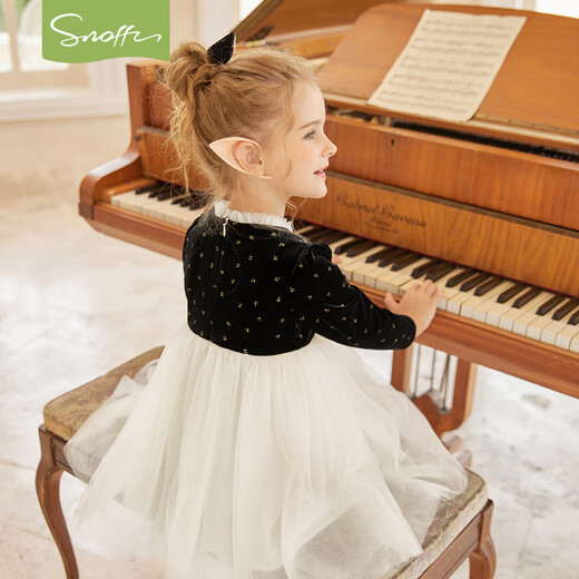 Snuffy girls dress, children's princess dress, autumn velvet gold-tone stitching mesh dress, fashionable and elegant, black 120