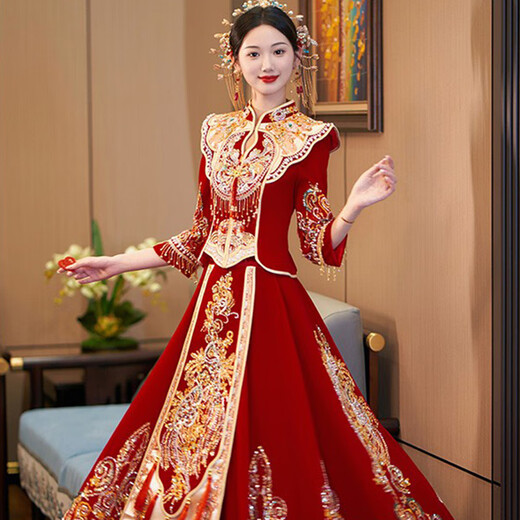 XIUHE Shijia Flaghship oficial Xiuhe ropa de boda Ropa de boda Bride 2025 NUEVA Ropa de tostada Vestido de boda Wedding Wedding Wedding Vestido chino Dragón N-323 Industria pesada Estilo de terciopelo Spot 2xl