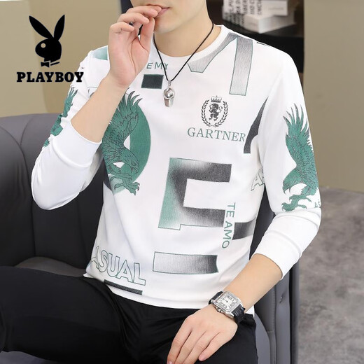 花花公子（PLAYBOY）2025秋冬新款男士长袖T恤欧货潮男帅气时尚卫衣加大码打底衫t恤 【春秋】6628卡其 薄款 M 90-115斤