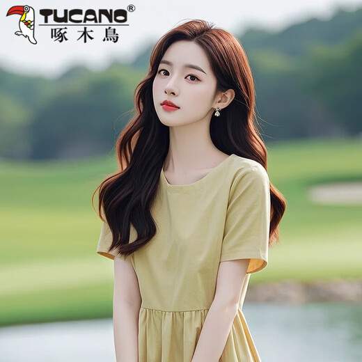 啄木鸟（TUCANO）感时尚简约通勤短袖绿色连衣裙女夏季设计感收腰显瘦A字裙子 黄绿色 XL