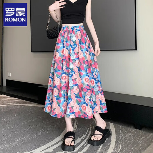 Luo Meng oil painting floral skirt women's summer artistic design three-quarter skirt high waist slimming plus size fat m girl A-line umbrella skirt rose blue floral ice silk L recommended 85-110Jin Jin equals 0.5 kg