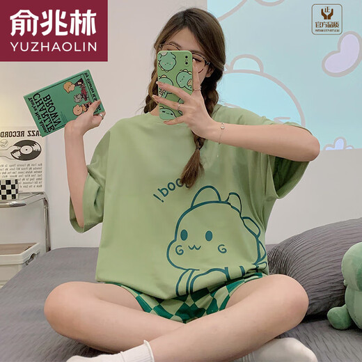Yu Zhaolin (Yuzhaolin) Pajama de manga corta de verano para mujeres delgada 2025 Nuevo tamaño de verano de verano Traje de verano de dos piezas 679# Dinosaurio verde M [80-100Jin [Jin equivale a 0.5 kg] portátil]