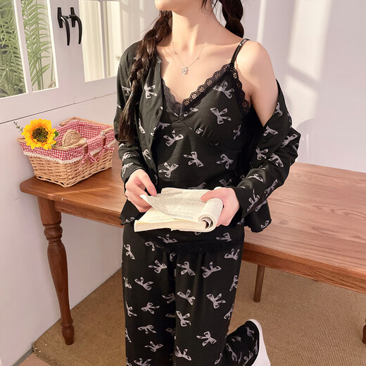 纯欲风蝴蝶结吊带睡衣女带胸垫三件套领开衫外套长袖家居服套装 13803＃黑色三件套带胸垫 M 建议80-100