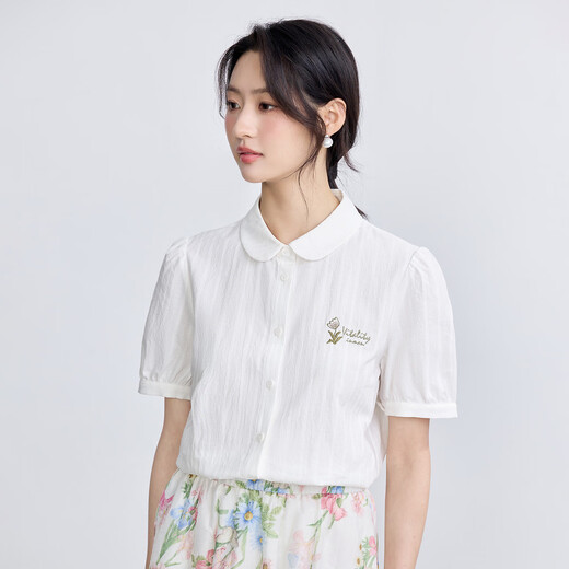 茵曼（INMAN）纯棉文艺绣花短袖白衬衫女2025夏季舒适百搭通勤翻领衬衣上衣 珍珠白 L
