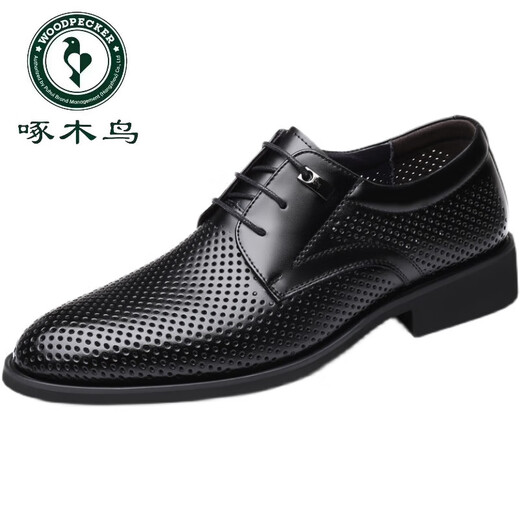 Woodpecker head layer cowhide men's sandals summer genuine leather hollow leather shoes business casual height-enhancing British lace-up men's shoes 9928 black height-enhancing hollow sandals 38