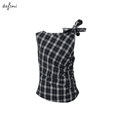 
Eifli (eifini) Eifli sleeveless checked right shoulder strap waist pleated slim shirt small top for women 2025 summer new style Navy M