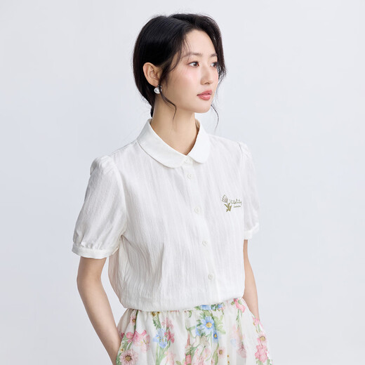 茵曼（INMAN）纯棉文艺绣花短袖白衬衫女2025夏季舒适百搭通勤翻领衬衣上衣 珍珠白 L