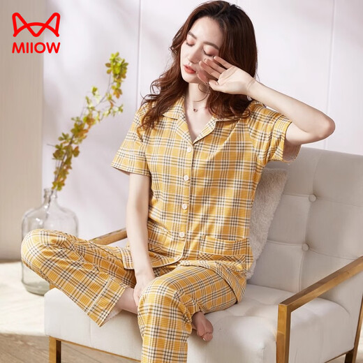 猫人（MiiOW）睡衣女2025新款夏季短袖长裤纯棉夏天大码女士中年妈妈家居服套装 9922【纯棉】【升级版】 M 【建议80-95斤】