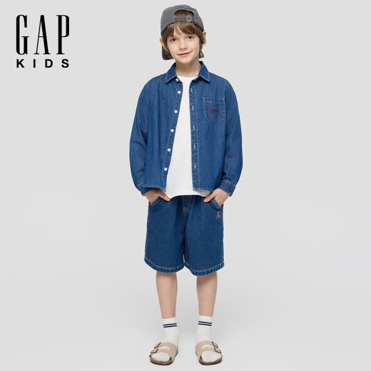 Gap, same style for both big and small children, spring style embroidered logo cotton denim shirt for boys and girls 805308, dark wash, 110 cm (4-5 years old) Asian size