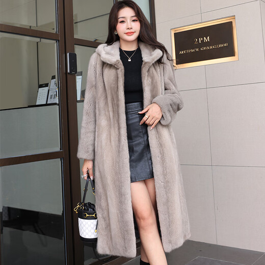Winter Home Brand Fur 2025 New Imported Mink Coat Women's Full Mink Over Knee Long Hooded Mink Fur Jacket Silver Blue 2XL 140Jin[Jin equals 0.5 kg]-160Jin[Jin equals 0.5 kg]
