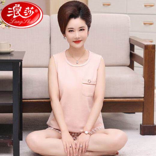 浪莎中老年睡衣女夏天棉质背心中裤中年妈妈加肥加大码无袖家居服套装 1355# M [建议80-100斤]