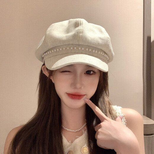 CGEDIAO off-white pearl beret women's 2025 new autumn and Korean version versatile face-showing small retro newsboy octagonal hat #1194-beige M (54-58c) can basically be worn