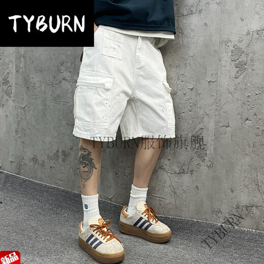 TYBURN尹小鸡 重磅水洗宽松工装大口袋白色竹节牛仔短裤五分裤男女1049 白色 M 【90-110】