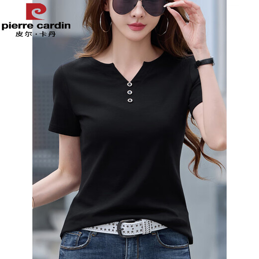 Pier Cardin 2025 Summer Nuevo diseño de hombro suelto con cuello en V suelto de algodón puro camiseta de algodón corto de manga corta Temperamento de alta gama camiseta versátil 6623 Linglong Purple (estilo de botón) S sugerido 80-95 Jin [Jin iguala 0.5 kg]