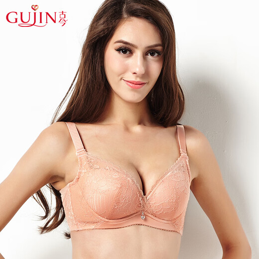 古今（GUJIN）内衣女夏薄款上薄下厚蕾丝上托侧收收副乳聚拢文胸内衣 浅杏 75C