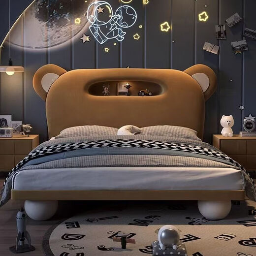 New children's bed creative leather bed boy bear bedside storage modern solid wood soft package cartoon style round foot bed bed + 20cm Simmons 808 latex pad - free installation 1500mm*2000mm frame structure