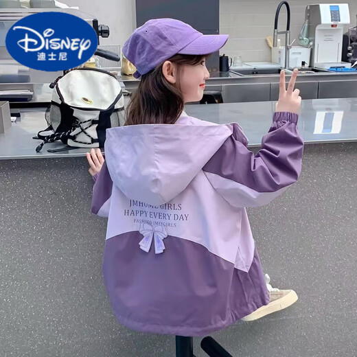 Disney (Disney) Girls' Jackets Spring and Autumn 2025 New Children's Fashionable Girls Autumn Jacket Hooded Autumn Jacket Top Purple Bow Spring and Autumn Style No Cotton Jacket 160 Recommended height is about 150 cm
