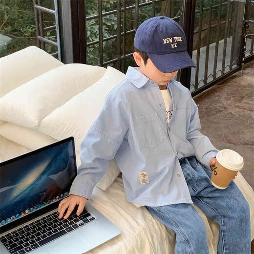 Children's clothing boys' contrasting line shirts 2025 new children's shirts spring and autumn styles for medium and large children long-sleeved trendy autumn tops white 160