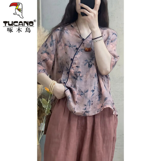 啄木鸟棉麻套装女新款清新印花v领上衣遮肚民族风哈伦裤显瘦两件套 【套装】上衣+裤子 M 【建议85-105斤】