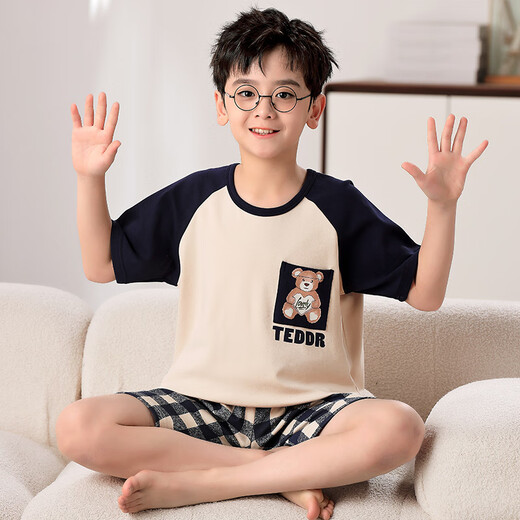 曼妮朵儿童睡衣夏季纯棉短袖长裤可爱卡通青少年学生男孩男童薄款家居服 F724【双短】 170 XL码建议165-170cm