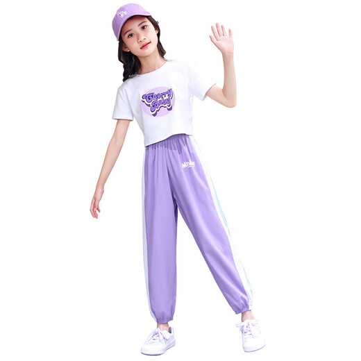 小憨鹿女童夏季新款运动套装潮流短袖宽松薄款夏装 5728渐变色+9889白色 160 cm