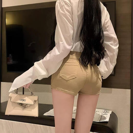 Zhenxiqi's new high-waist elastic tight-fitting butt-hugging shorts for women in summer, slim and versatile, micro-flared casual hot pants, trendy, light khaki, XL, one size too small